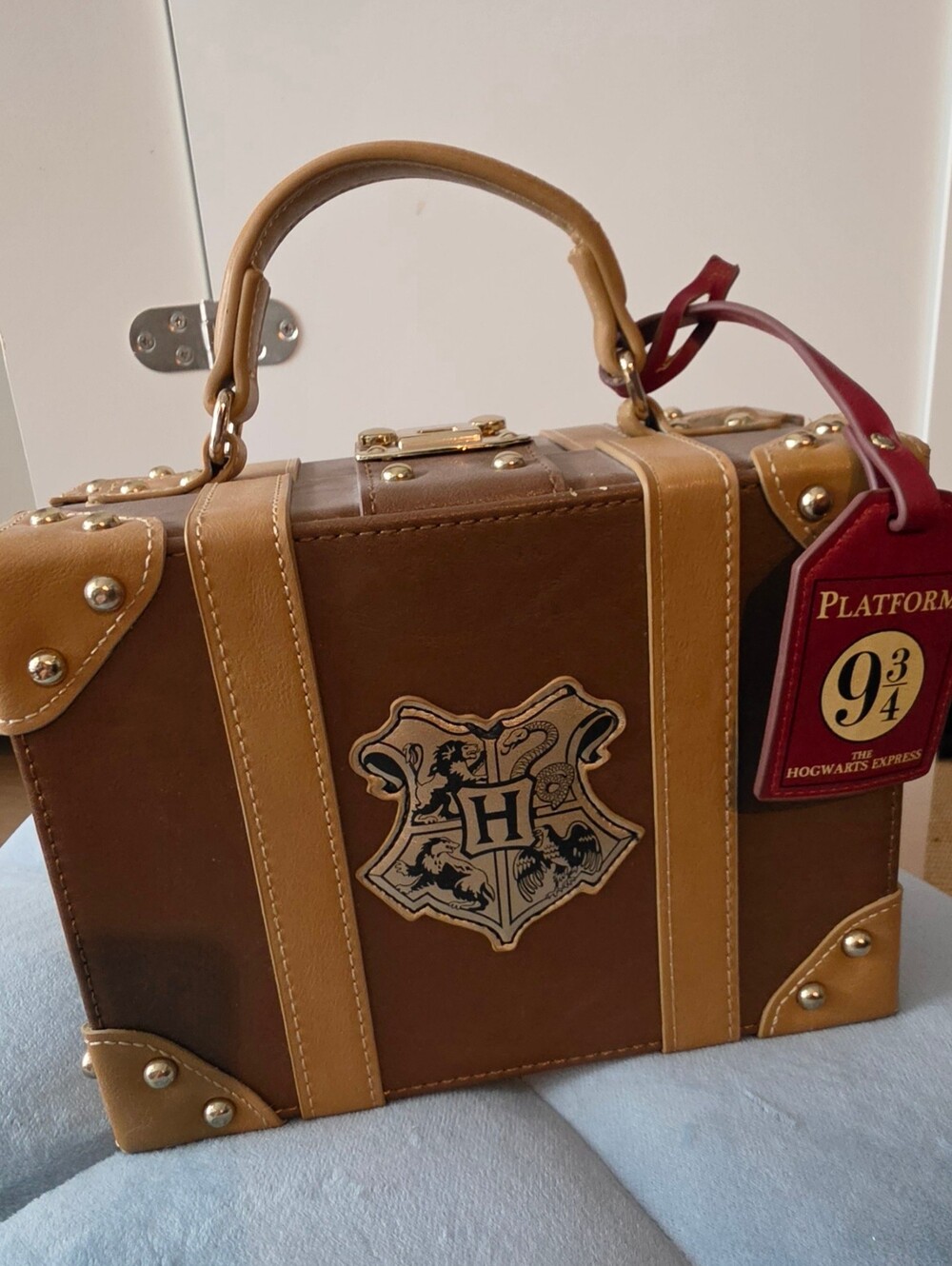Harry Potter Hogwarts Crest Brown Suitcase Style Travel Satchel with Tan Trim